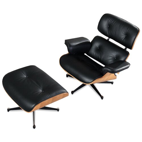 Lounge Sessel und Ottomane - Schwarz mit Eichenholz