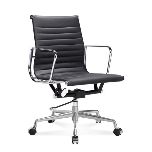 Halfhoge Eames Bureaustoel met geribbeld, zwart leer