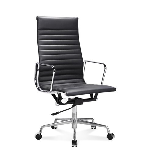 Hoge Eames Bureaustoel met geribbeld, zwart leer